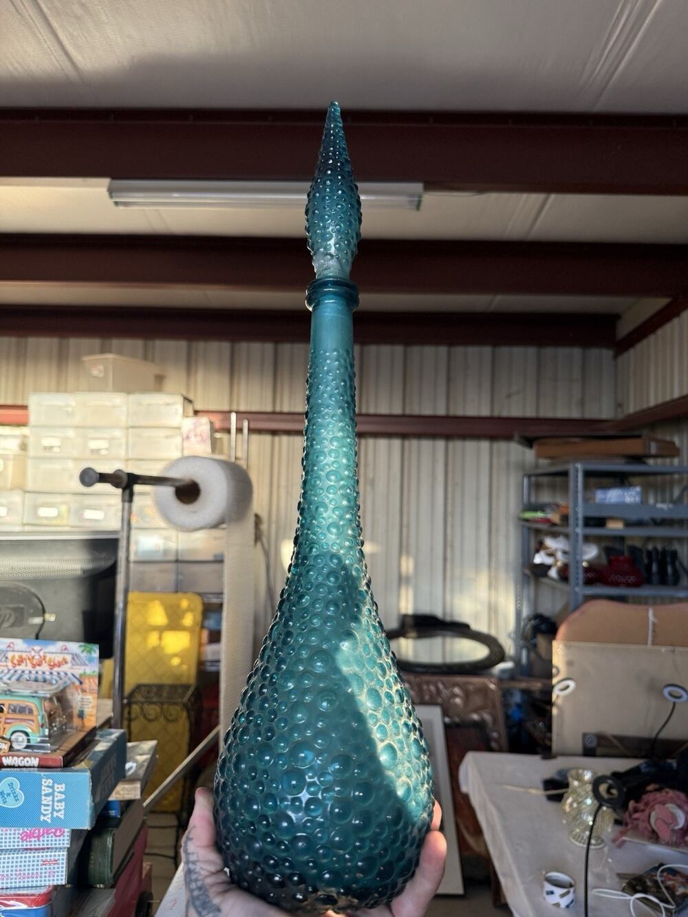 Vtg Blue Hobnail Glass Decanter Genie Bottle 22” W/ Stopper Empoli MCM Italy